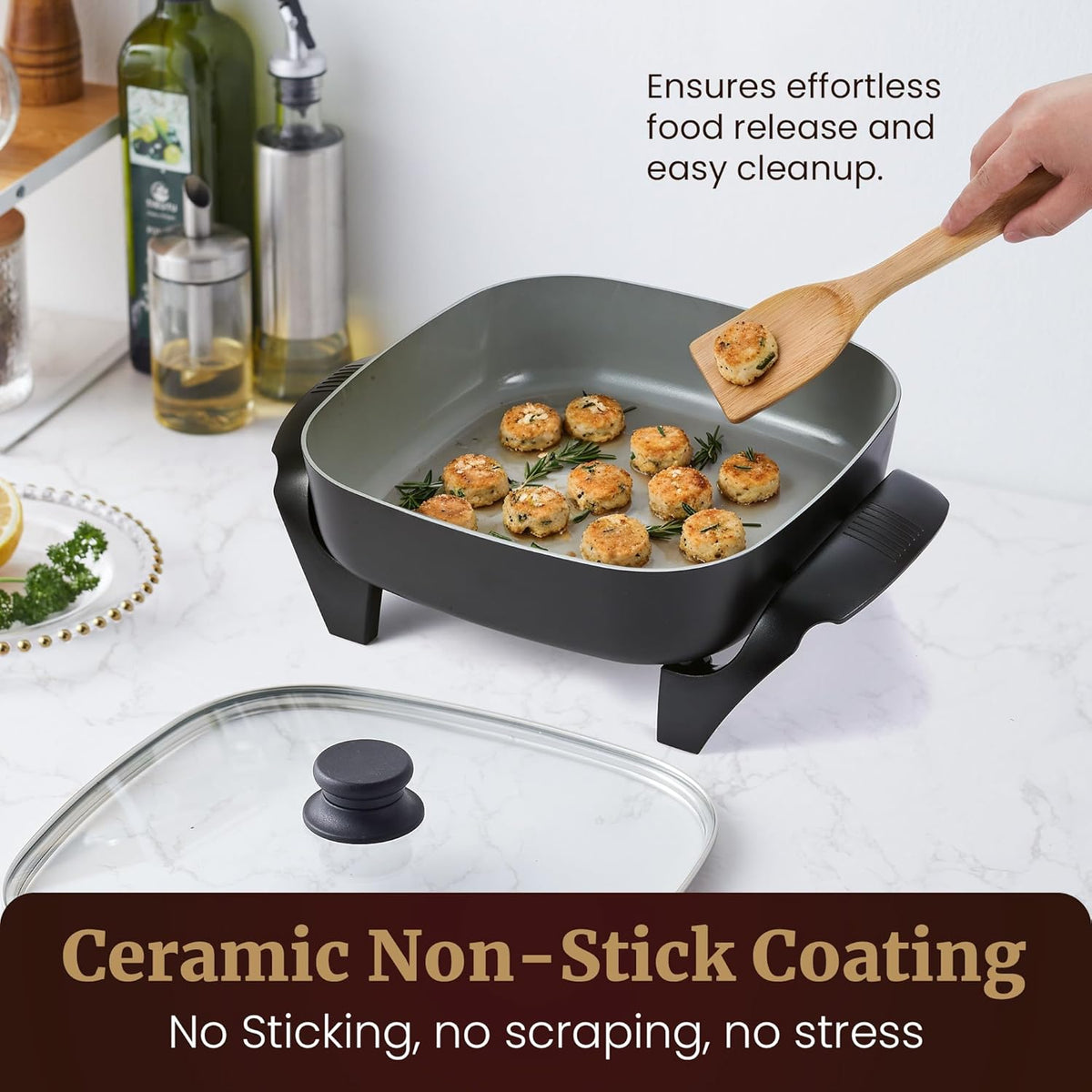 Elite Gourmet 12" x 12" x 3” Ceralast™ Ceramic Non-stick PFAS Free, Dishwasher Safe Electric Skillet, Xtra Deep Dish, Rapid Heat 1200W, Black