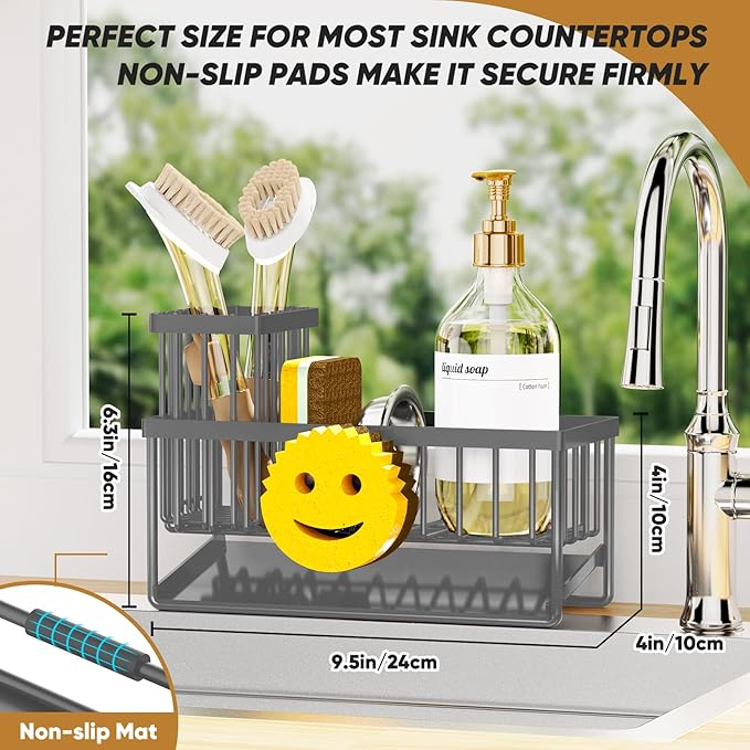 Sponge Holder for Kitchen Sink,Smiley Face Sink Caddy with Removable Brush Holder,Self-Draining Sponge Caddy for Soap,Dish Brush,Scrubber,Kitchen Essentials and Gadgets-Charcoal Gray
