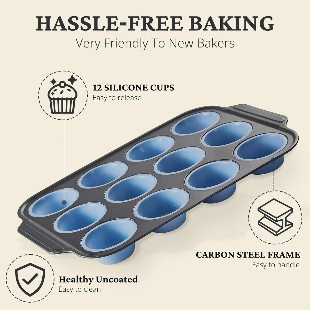 Silicone Muffin Pans for Baking with Metal Frame, Egg Bite Molds, Cupcake Pans 12 Regular Size, Muffin Tins Easy to Pop Nonstick Non Toxic Bakeware for Oven,Blue