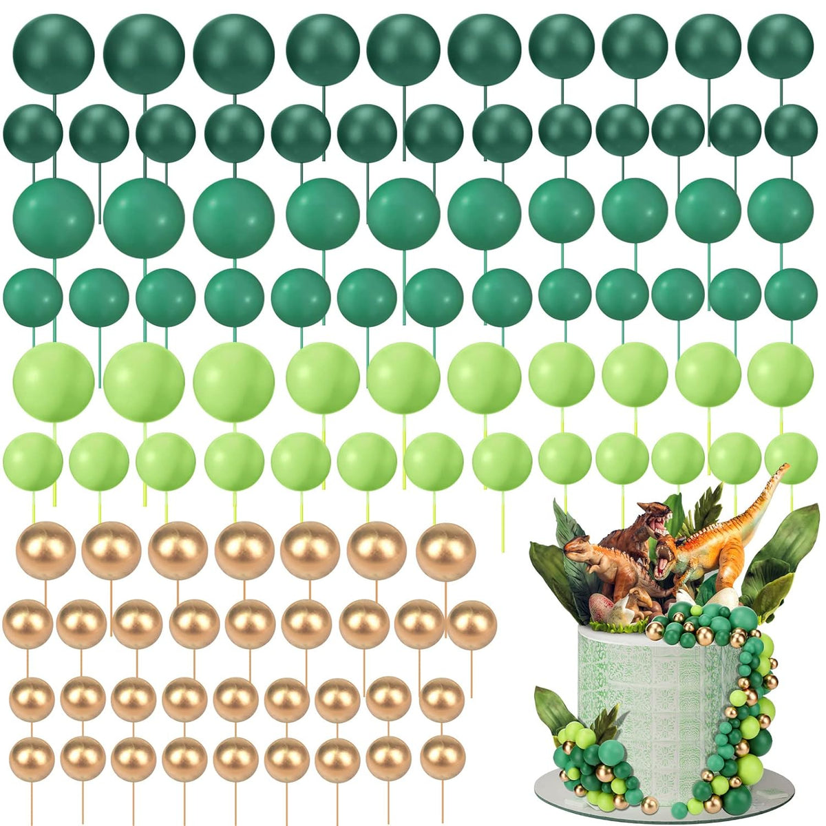 108 Pcs Balls Cake Topper DIY Cupcake Insert Foam Balloons for Cake Baking Wedding Anniversary Birthday Decoration(Assorted Green, Gold,Multi Sizes)