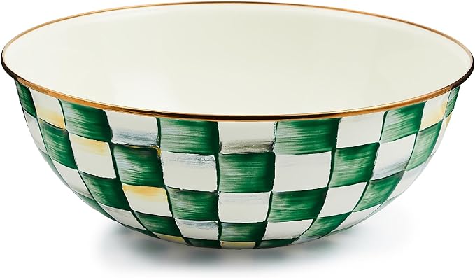 MACKENZIE-CHILDS Enamel Everyday Bowl, Serving Bowl for Entertaining, Extra Large, Green-and-White Emerald Check