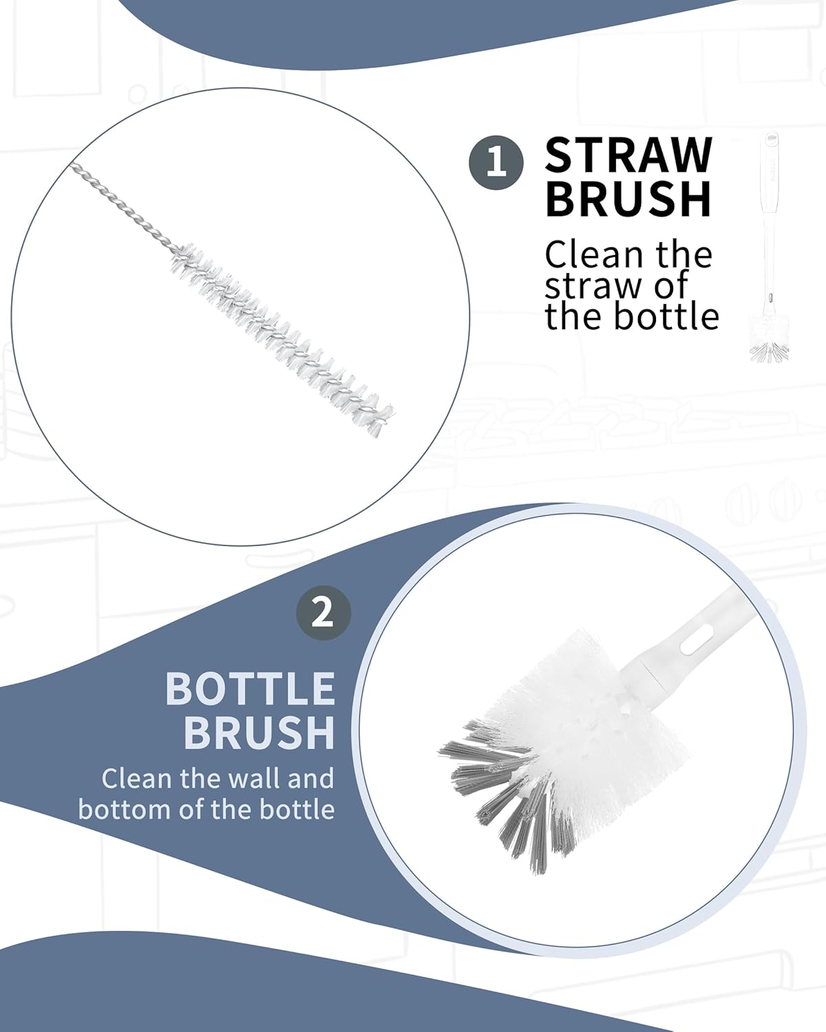 2 in 1 Long Handle Bottle Brush with Straw Brush for Cleaning Glass, Sports Bottle, Coffee Mug,Navy Blue,1 Pack
