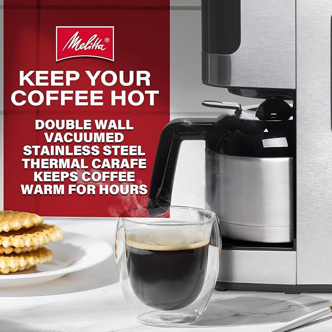 Melitta Aroma Tocco Thermal Drip Coffee Maker, 8-Cup, Programmable with Automatic Shut-Off, Pause & Serve, Stainless Steel Carafe with 5-Pack Coffee Filters