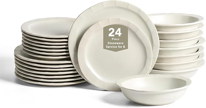Stone Lain Oasis 24-Piece Dinnerware Set Stoneware, Dishwasher and Microwave Safe Plates and Bowls Set, Dish Set for 8, White