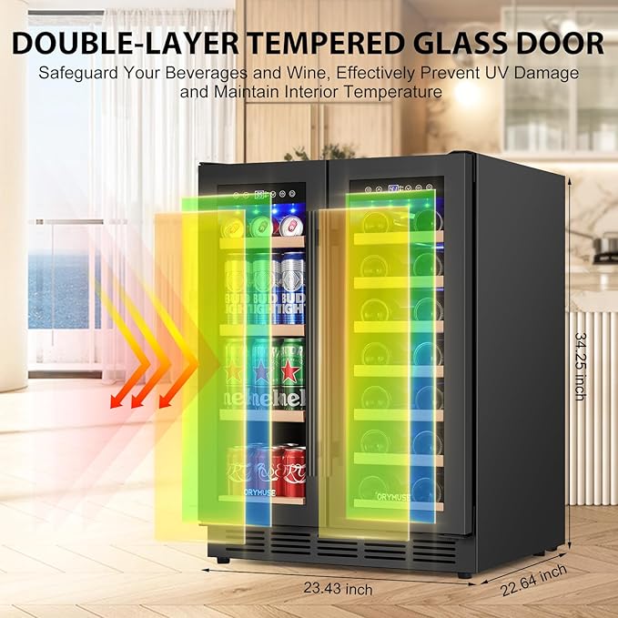 24" Dual Zone Wine & Beverage Refrigerator – Under Counter Cooler with Upgraded Cooling & Blue LED Light, Hold 20 Bottles and 88 Cans Large Capacity Wine Fridge, Built-In or Freestanding – Black