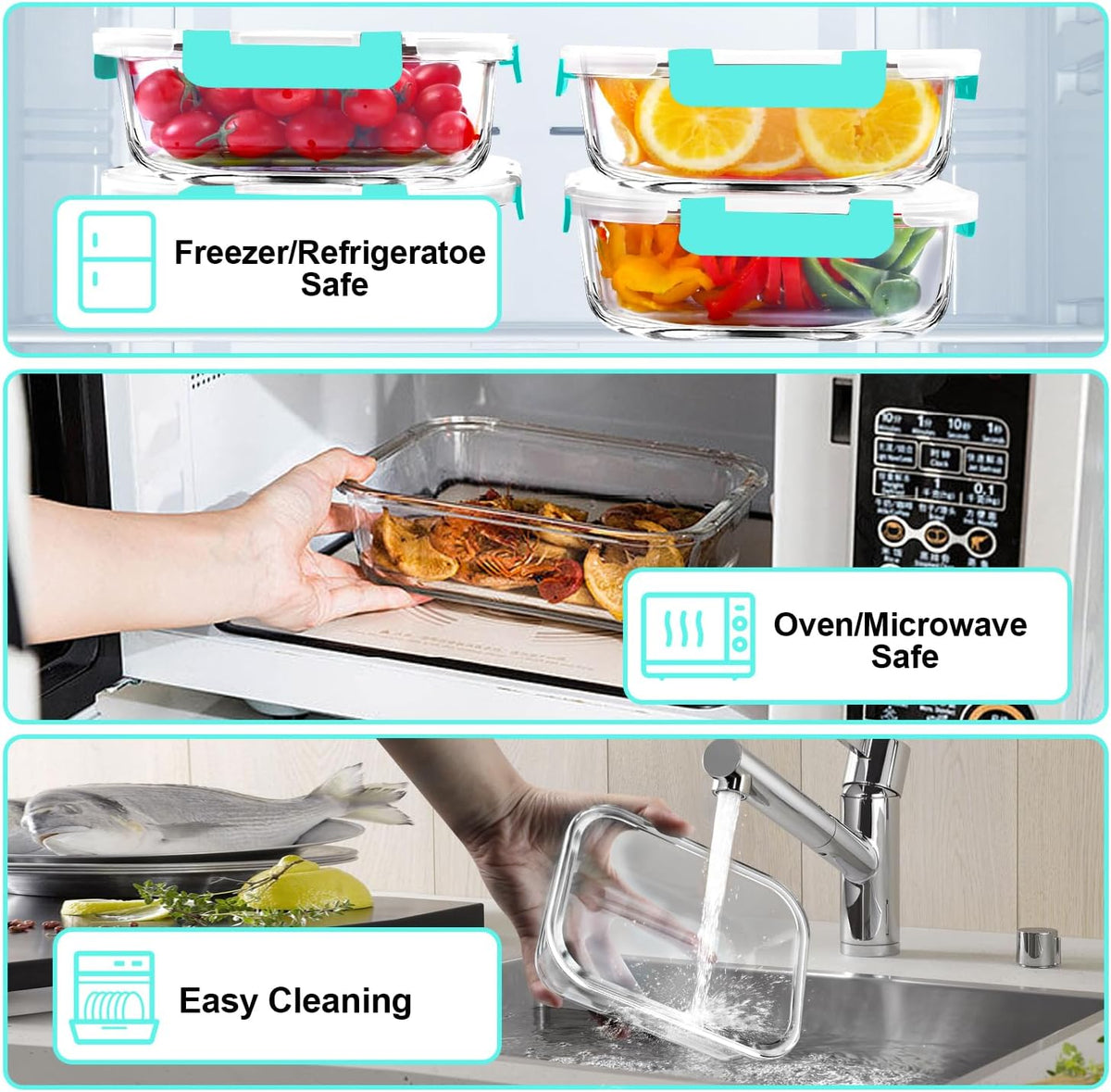 VERONES 5 Pack 36 OZ Glass Meal Prep Containers, Airtight Glass Lunch Containers Set, Glass Food Storage Containers with Lids,Exclusive of BPA, for Microwave, Oven, Freezer & Dishwasher Friendly,Green