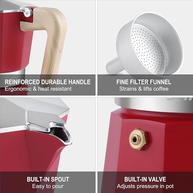 Sivaphe Aluminum Moka Pot 3 Espresso Cups, Percolator Espresso and Coffee Maker, Portable Stovetop Italian and Cuban Café Brewer for Home and Camping Red