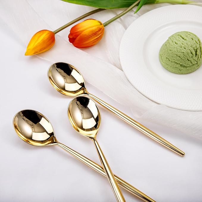 I00000 90 Pcs Gold Plastic Spoons,Disposable Silverware, Gold Plastic Cutlery, Heavy Duty Disposable Spoons Perfect for Parties, Wedding & Dinners