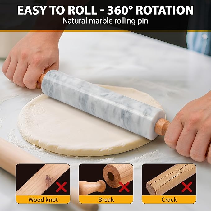 16.7 Inches Marble Rolling Pin for Baking with Wooden Handles & Wooden Cradle - Rolling Pin for making Pizza Dough & Tortillas, Dough Roller for Pasta, Cookie, Pie Crust and More!