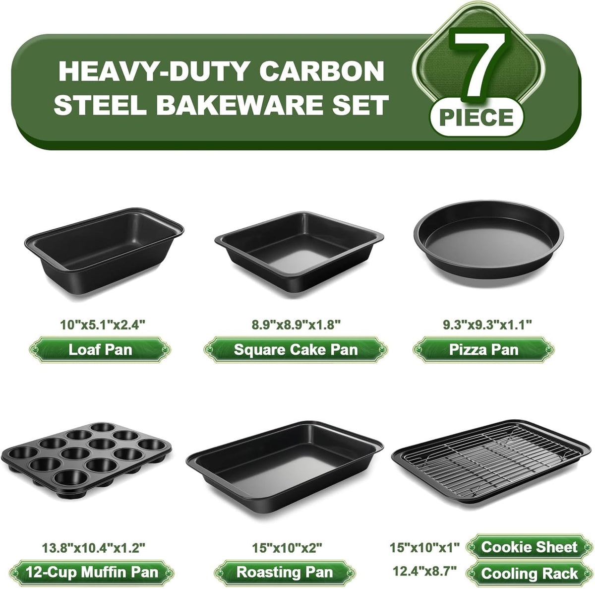 EWFEN Bakeware Sets, Baking Pans Set, Nonstick Oven Pan for Kitchen with Wider Grips, 7-Piece with Round/Square Cake Pan, Loaf Pan, Muffin Pan, Cookie Sheet, Roast Pan, Cooling Rack, Carbon Steel Bake