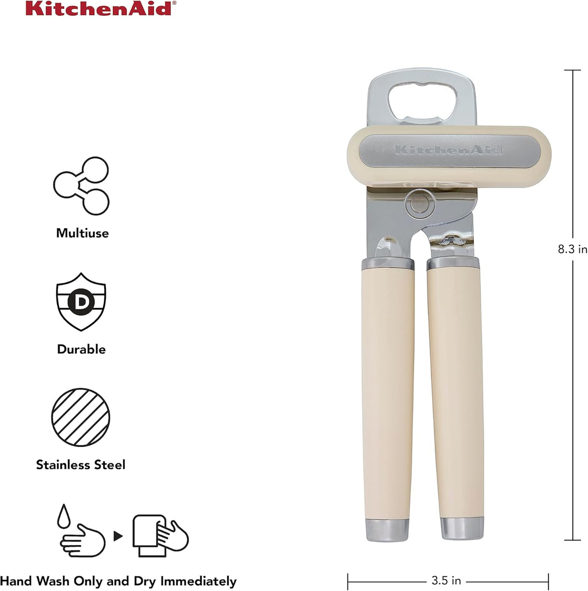 KitchenAid Classic Multifunction Can Opener and Bottle Opener Easy to Use, Razor Sharp Stainless Steel Cutting Wheel, Soft Ergonomic Handles, Almond Cream