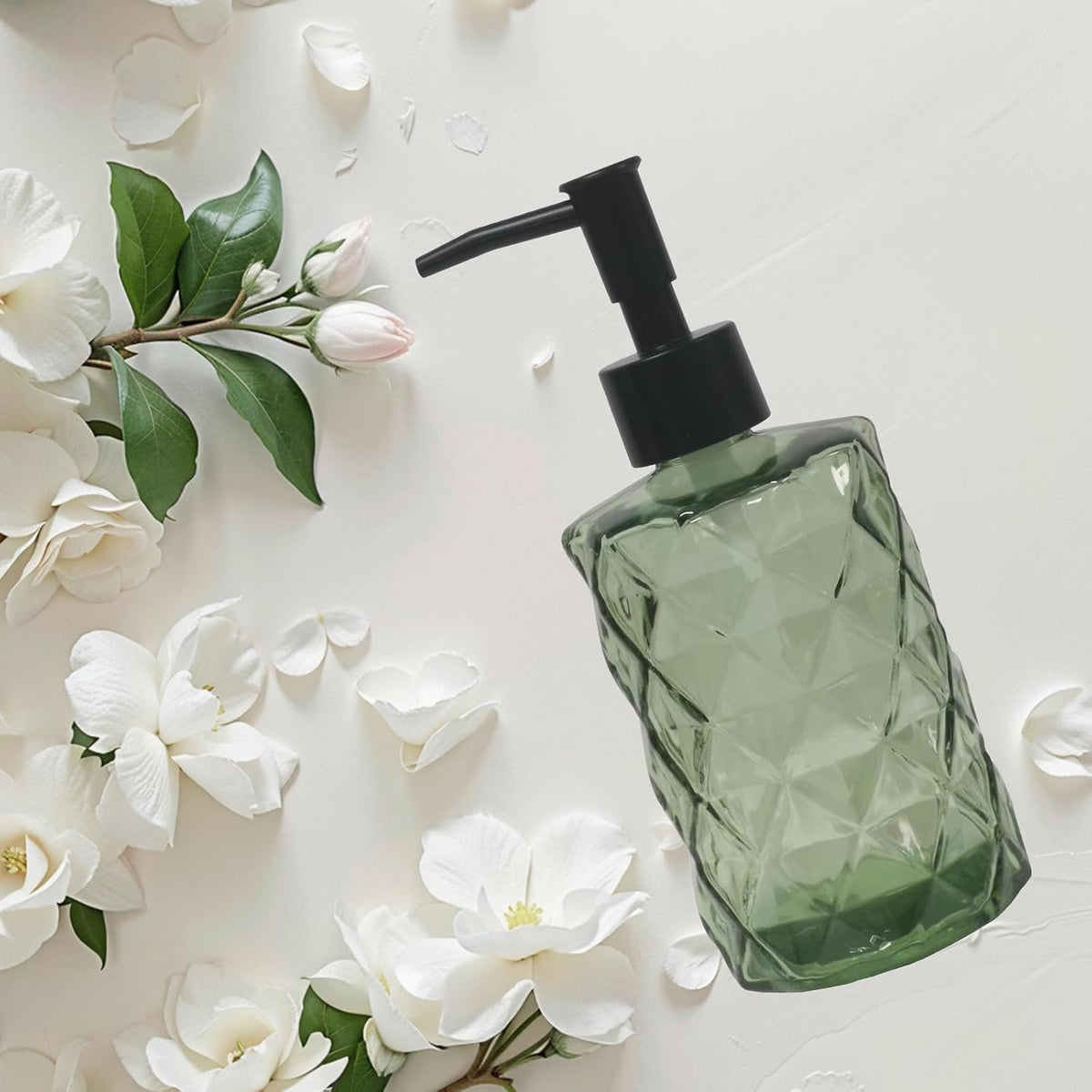 12Oz Small Glass Soap Dispenser with Black Plastic Pump, Green Refillable Kitchen Countertop Liquid Hand Soap Dispensers with Diamond Design, Crystal Bathroom Lotion Bottle for Dispense Dish Soap