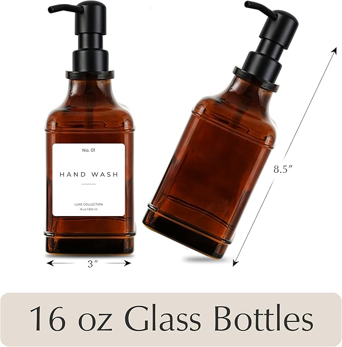 Emerson Essentials Soap Dispenser, Dish Soap Dispenser, Soap Dispenser Bathroom Set, Hand Soap Dispenser, Kitchen Soap Dispenser Set, Glass Soap Dispenser with Pump and Labels | 16 Oz 2-Pack
