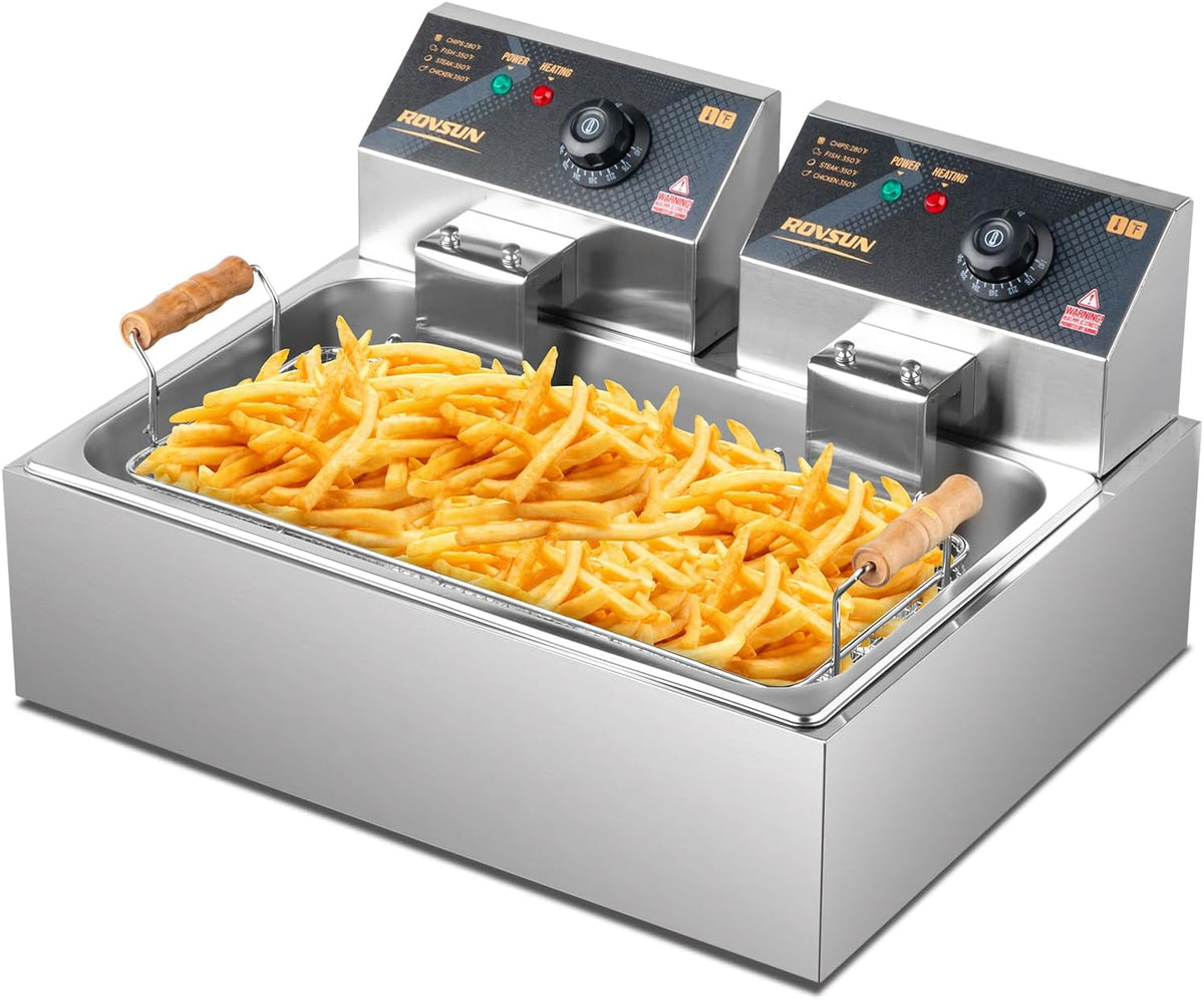 ROVSUN 23.8Qt Electric Deep Fryer with Basket, Lid & Adjustable Temp, Commercial Deep Fryer Countertop, Stainless Steel Kitchen Fat Fryer Frying Machine for French Fries Turkey Onion Rings 5000W