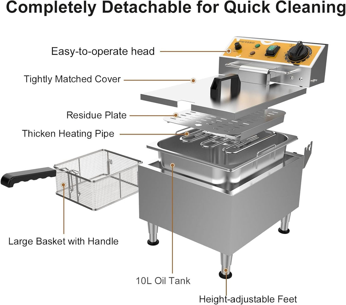 Large Deep Fryer with Basket and Lid 10L(10.6Qt), 304SS Electric Deep Fryer for Home and Commercial, Countertop Deep Fryers, 1750W Fast Heating, 120V