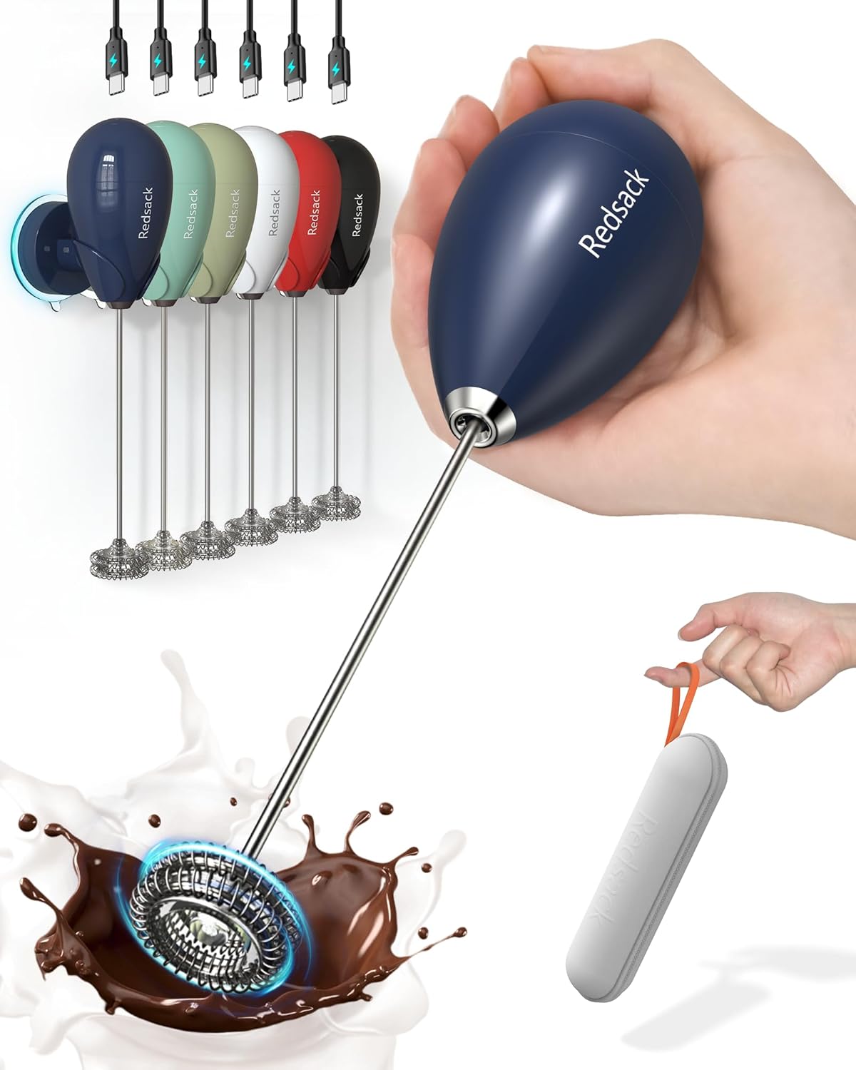 Milk Frother Handheld with Case,USB C Rechargeable Frother Wand for Coffee, Portable Electric Whisk with Stand,Waterproof Hand Drink Mixer Travel for Lattes, Cappuccino, Matcha, Egg (Navy blue)