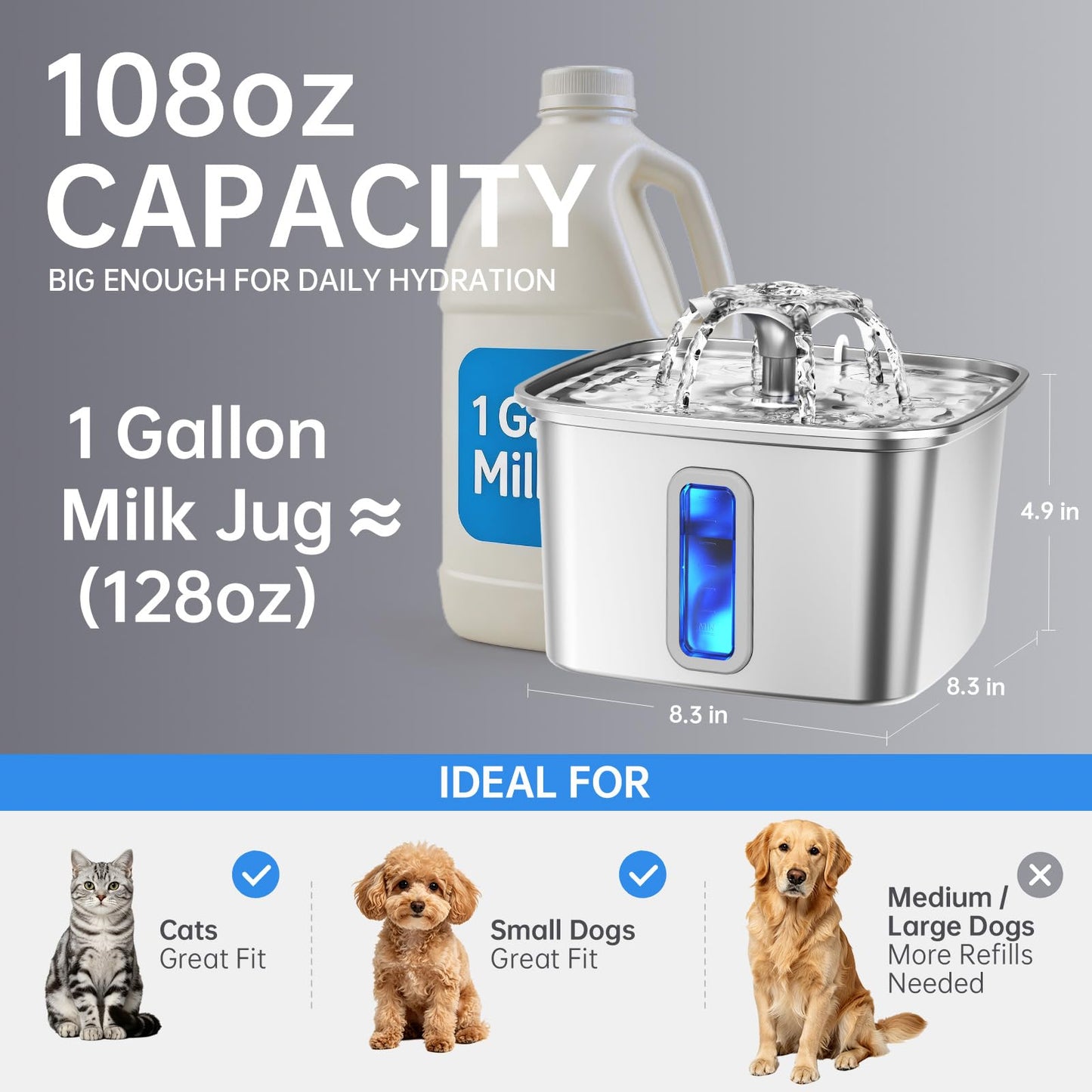 Veken Innovation Award Winner Stainless Steel Cat Water Fountain, 108oz