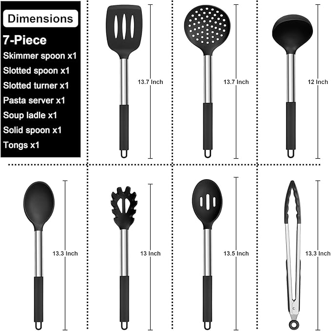 E-far Silicone Cooking Utensils Set, 7 Pcs Heat Resistant Kitchen Utensils with Stainless Steel Handle, Slotted Turner, Spoon, Soup Ladle, Pasta Server, Skimmer, Tongs for Nonstick Cookware, Black
