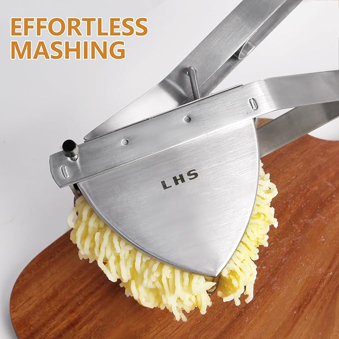 LHS Stainless Steel Potato Ricer and Masher, Heavy Duty Commercial Food Masher, Ergonomic Comfort Grip, Extra Large Capacity, Dishwasher Safe (Black)