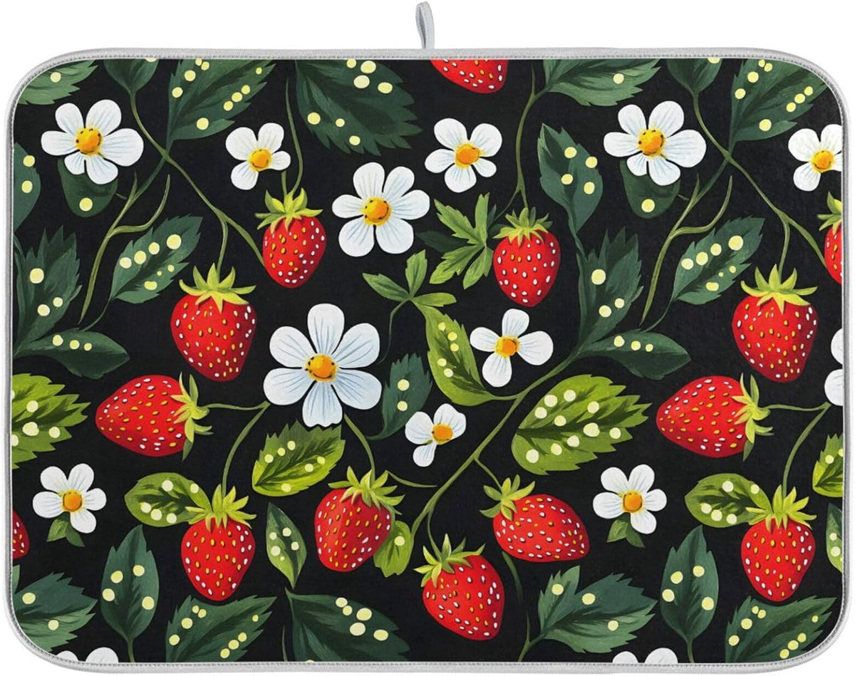 Strawberries White Flowers Dish Drying Mat for Kitchen Counter Absorbent Microfiber Drying Pad, Medium 16x18 in, Reversible Drainer Mats