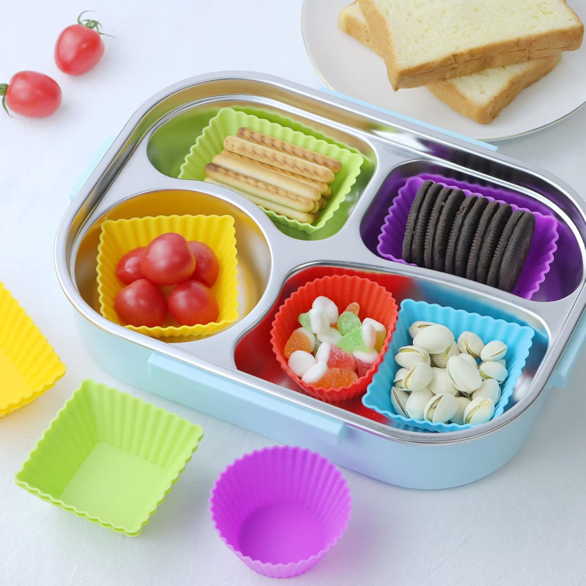 24-Pack Silicone Cupcake Liners, Reusable Muffin Cups – Round, Square & Rectangle Baking Cups, Non-Stick, Easy to Clean, Bento Box Accessories, Lunch Box Dividers for Kids(24 Liners + 20 Animal Picks)