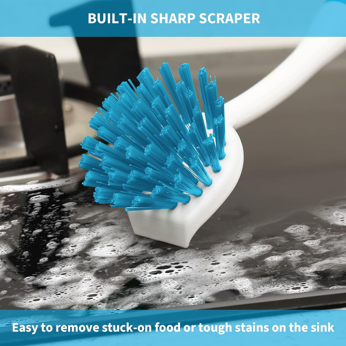 Dish Brush with Handle, 2 Pack Scrub Brushes with Built-in Scraper for Cleaning Kitchen, Pots, Pans and Sink, Scrubber Washing Tools, Blue