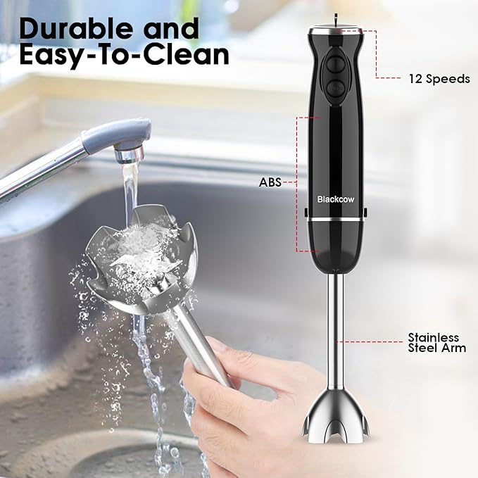 Blackcow Immersion Blender Handheld,500W Electric Hand Blender,Electric Hand Mixer with 12-Speed&Turbo,Extra Quiet Hand Blender for kitchen,Smoothie,Soup,Baby Food,Puree.Black