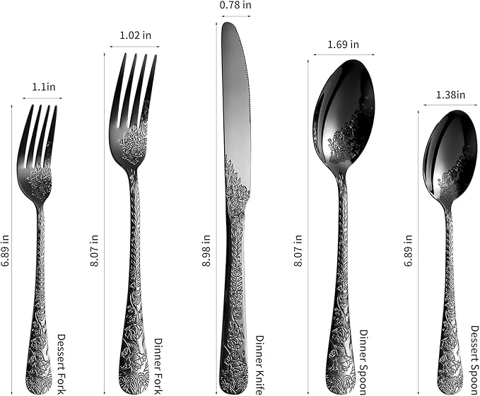 Floral 20 Pcs Black Silverware Set for 4, Food Grade Stainless Steel Flatware Set with Rose Flower Embossed Design, Eating Utensils Sets Include Fork/Knife/Spoon, Reusable Cutlery Set, Dishwasher Safe