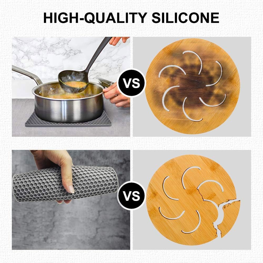 Silicone Trivet Mats, Silicone Pot Holders for Hot Pots and Pans, Heat Resistant Counter Mats for Tables, Countertops, Spoon Rest and Large Coasters, 4 Pack Gray Trivets for Hot Dishes