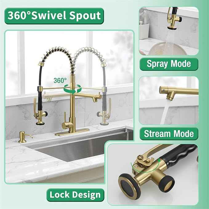 Fapully Commercial Kitchen Sink Faucet with Pull Down Sprayer Brushed Gold Single Handle Faucets for Kitchen Sink, Kitchen Faucet with Soap Dispenser and Deck Plack for 4 Hole
