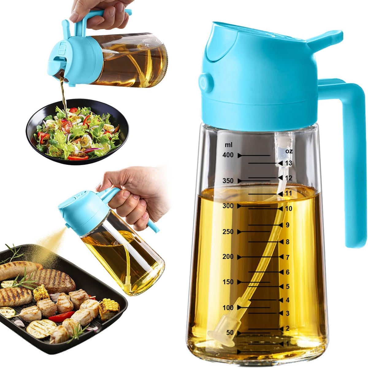 TrendPlain 16oz/470ml Glass Olive Oil Sprayer for Cooking – 2 in 1 Olive Oil Dispenser Bottle for Kitchen Gadgets and Air Fryer Accessories, Salad, BBQ - Sky Blue