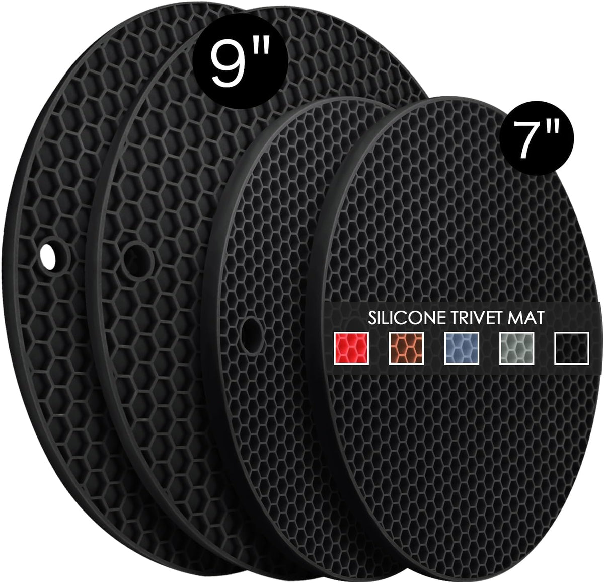 4 Pack Silicone Trivet Mats, 7 Inch & 9 Inch Flexible Heat Resistant Silicone Hot Pads Pot Holders for Kitchen Counter, Round Trivets for Hot Dishes - Potholders Jar Opener(Black)