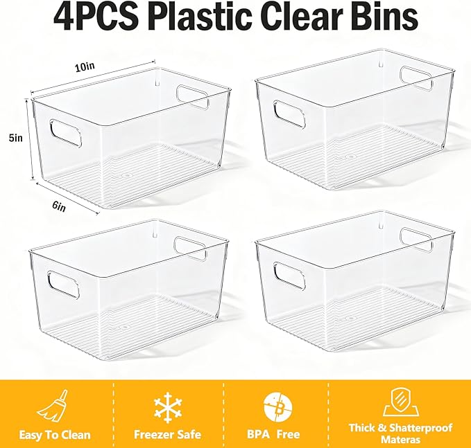Clear Pantry Organizer Bins, Plastic Organizers & Storage Containers, Cabinet Organizer, Home Organization Must Haves for Kitchen, Laundry Room, Office, Closet & Freezer (4 Pack)