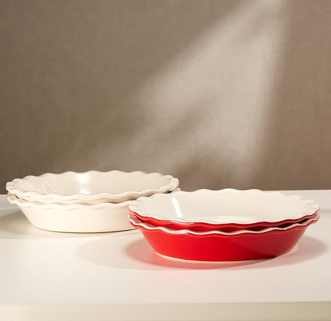 KooK Pie Pan, Ceramic Reusable Round Pie Dish, Quiche Baking Dish, Deep, Wave Edge, For Cakes, Tart, Casseroles, Tarts, Microwave, Oven and Dishwasher Safe, 9-Inch, 36 oz, Set of 2, Ivory