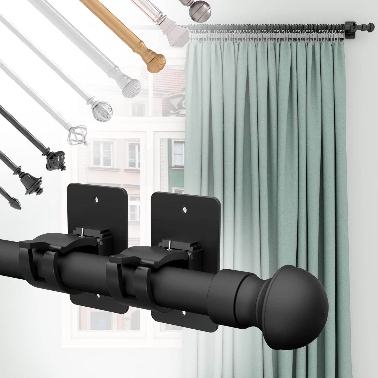 4 Pieces Self Adhesive Curtain Rod Bracket, Universal Plastic Curtain Rod Holders, No Drill Curtain Rod Brackets Curtain Rod Hooks for Bathroom, Bedroom, Livingroom, Kitchen (Black)