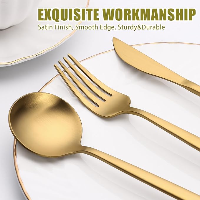 20 Piece Gold Silverware Set for 4, Terlulu Stainless Steel Flatware Set, Gold Cutlery Set Utensils Set, Tableware Include Forks Knives Spoons for Home Kitchen Restaurant Wedding, Satin Finish