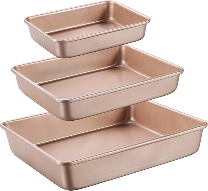 Deep Baking Pans Set Nonstick,Rectangle Cake Pan,Stackable Bakeware Set of 3,Oven Trays for Baking,Gold(9''/11''/13'')