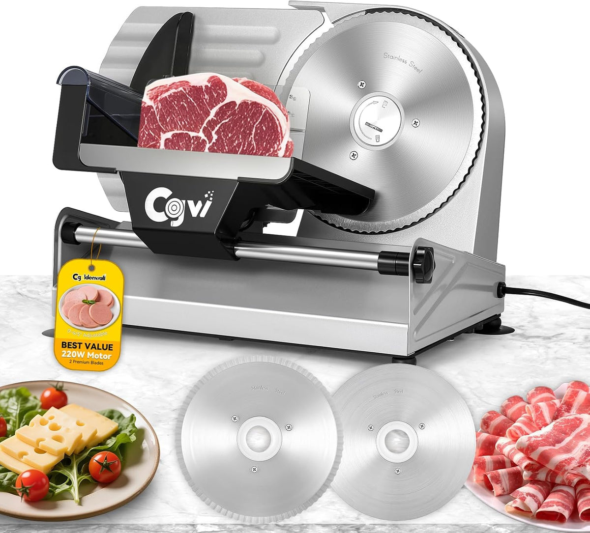 CGOLDENWALL Meat Slicer, 220W Electric Deil Food Slicer with 2 Removable 7.5" Blades, 4/5" Adjustable Thickness, Food Slicer Machine for Home Cutting Meat Cheese Bread Vegetables, 110V CE