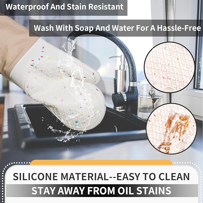 Oven Glove Cute,Cooking Mittens,Oven Mittens for Kitchen,Oven Gloves for Kitchen,Washable Silicone Oven Mitts Heat Resistant 500°F, Potholders for Kitchens Cooking Baking(Cream