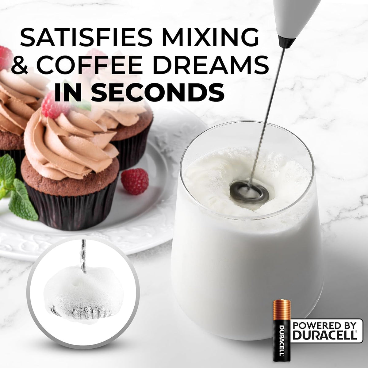 Zulay Powerful Milk Frother (4 Duracell Batteries Included) - Handheld Milk Frother Wand Drink Mixer for Coffee - Powerful Milk Foamer for Cappuccino, Frappe, Matcha - Exec Grey/Black/Black Stand