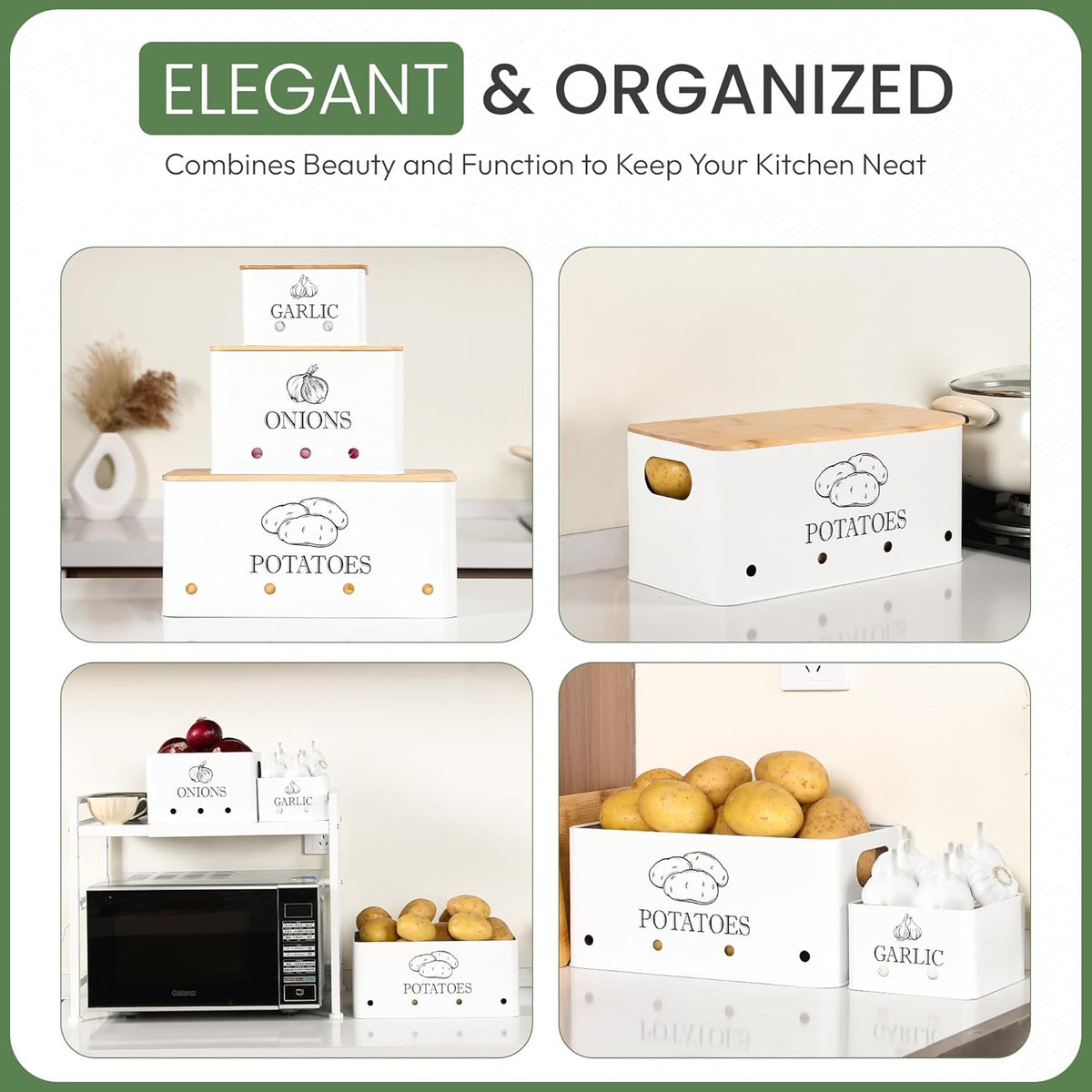 Potato Onion and Garlic Storage Bins with Wooden Lid & Breathable Holes – Rustic Farmhouse Stackable Kitchen Vegetables Canisters with Ventilation & Side Handles Space Saving – Set of 3