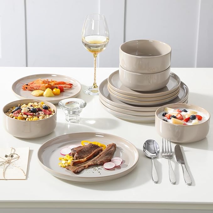 vancasso PLAYA Ceramic Plates and Bowls Sets,24 Pieces Grey Dinnerware Sets for Kitchen,Reactive Glaze Dishes Set for 8, Dishwasher and Microwave Safe
