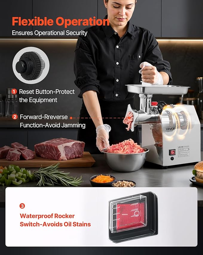 VEVOR Commercial Electric Meat Grinder, 7 lbs/min Capacity, #12 Industrial Meat Mincer with 2 Stainless Steel Blades, 2 Grinding Plates, 850W Heavy-Duty Sausage Maker Stuffer, for Kitchen, Restaurant
