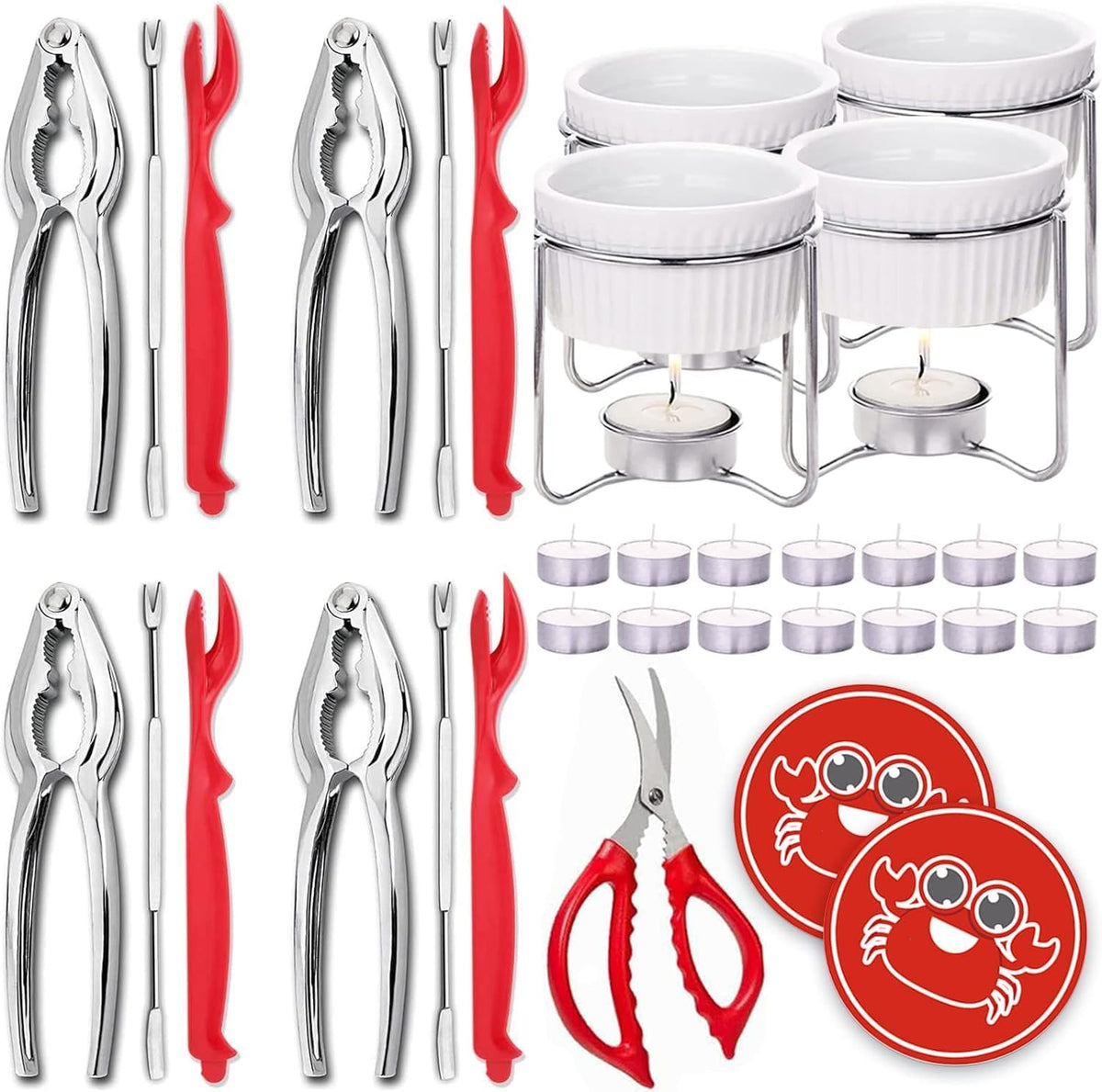 Luvan 33 Pcs Crab Crackers and Tools Set with 4 Crab Leg Crackers, 4 Crab Forks, 4 Lobster Shellers, 4 Butter Warmers, 1 Seafood Scissors, 14 Tealight Candles, 2 Crab Grabber-Seafood Boil Party Supply