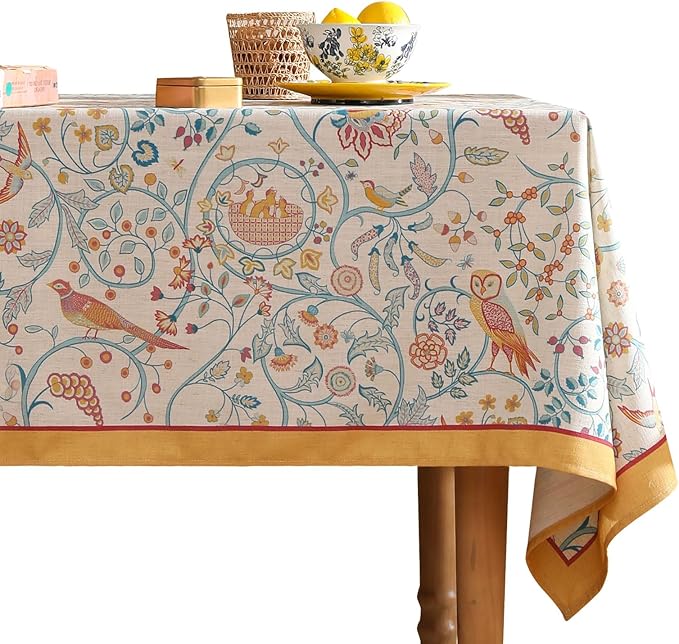 patdrea Designer Small French Rectangular Tablecloth,Vintage Yellow Floral Birds Pattern Linen Colorful Table Cloth,Decor Cover for Kitchen Dining Banquet,Christmas,Thanksgiving,55"x71"-Magnolia