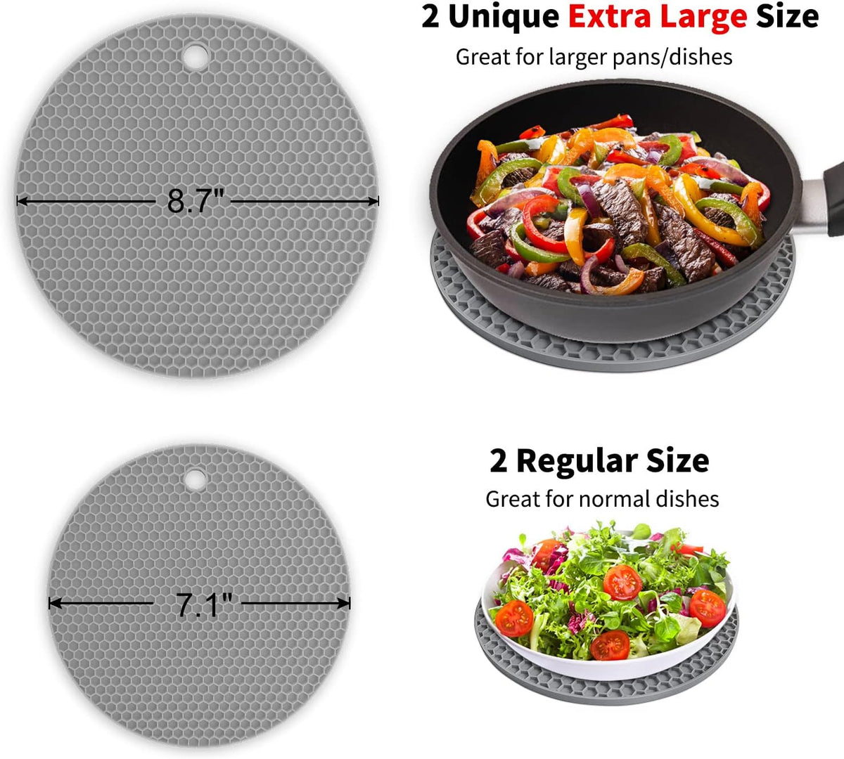 Silicone Trivet Mats - Walfos Heat Resistant Pot Holders Set, 4pcs 2 Sizes 7 Inch & 9 Inch, Multipurpose Non-Slip Hot Pads for Hot Pot, Hot Dishers, Jar Opener, Food Grade & BPA Free (Nordic Grey)