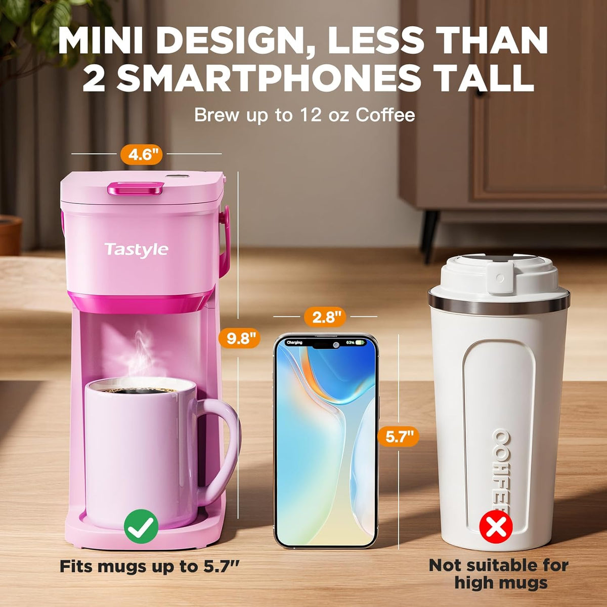 Single Serve One Cup Coffee Maker, for K Cups and Grounds, Mini Coffee Maker with Portable Handle, 6 to 12 Oz Brew Size, for Travel, Camping, Office, RV and Dorm, 120V, Dusty Rosa