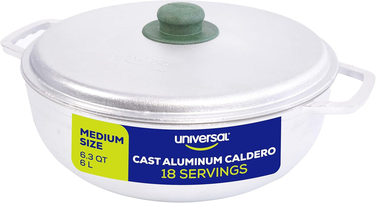 Universal (Medium Size) Caldero 18 Cups - 6.3 QT / 6 L, Stainless Aluminum Pot, Even Heat Distribution and Fast Cooking Dutch Oven Pot, Ergonomic Handles, Ideal for Rice, French Fries, and More