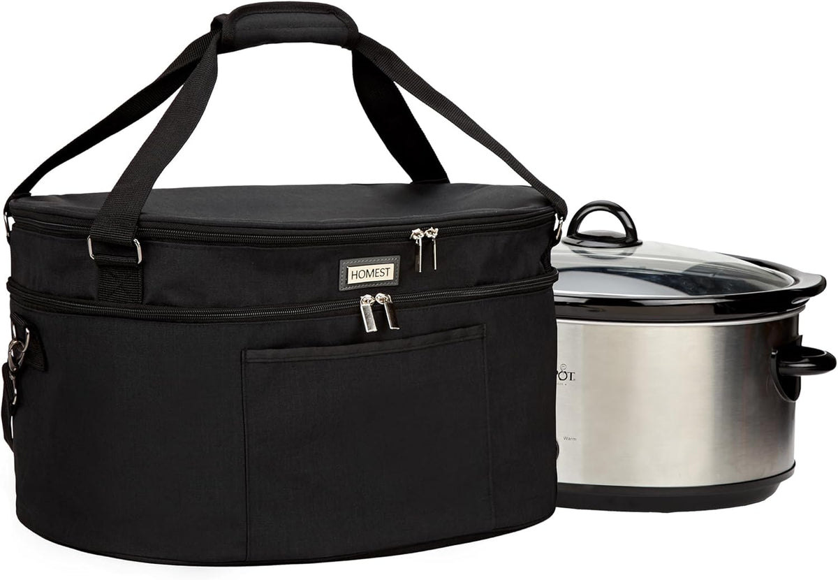 HOMEST Slow Cooker Bag for Crock-Pot 6-8 Quart, Insulated Travel Carrier with Easy to Clean Lining, Carry Case with Top Zip Compartment and Utensil Pocket
