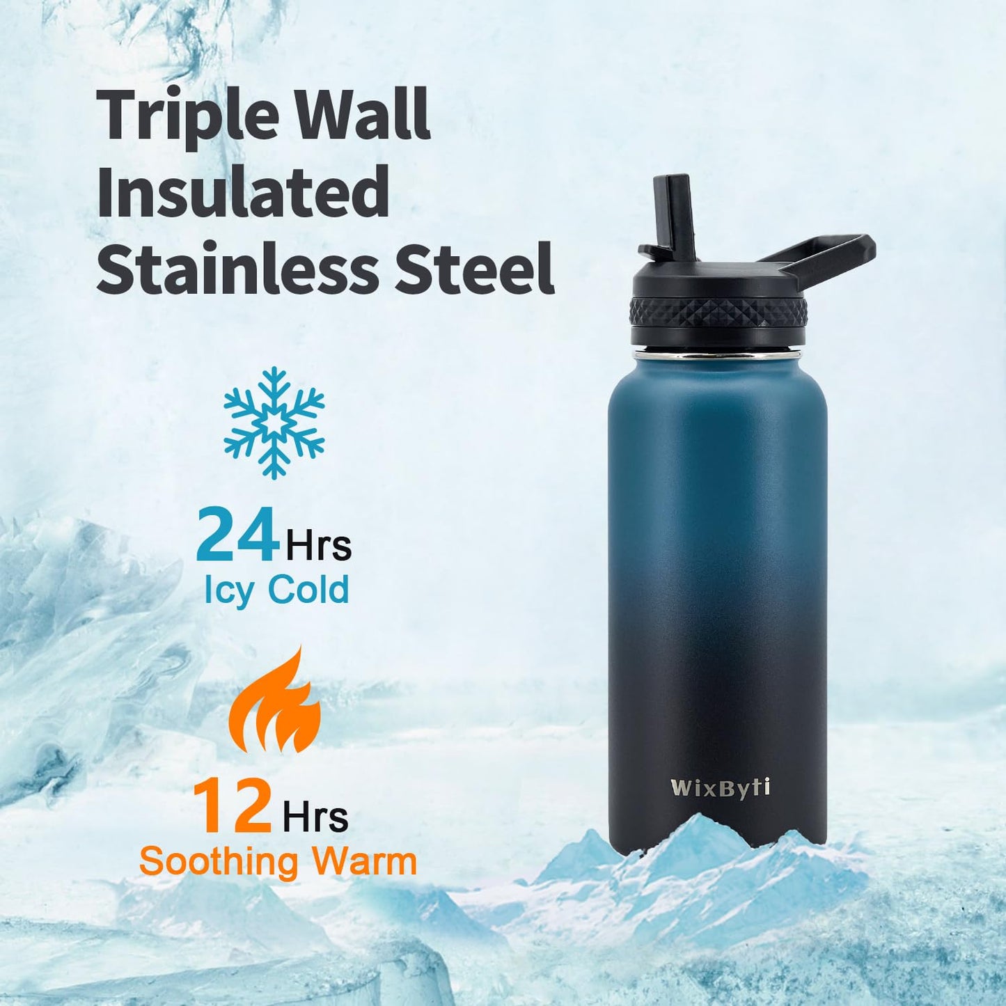 WixByti 32 oz Insulated Water Bottle with Straw, Stainless Steel Water Jug